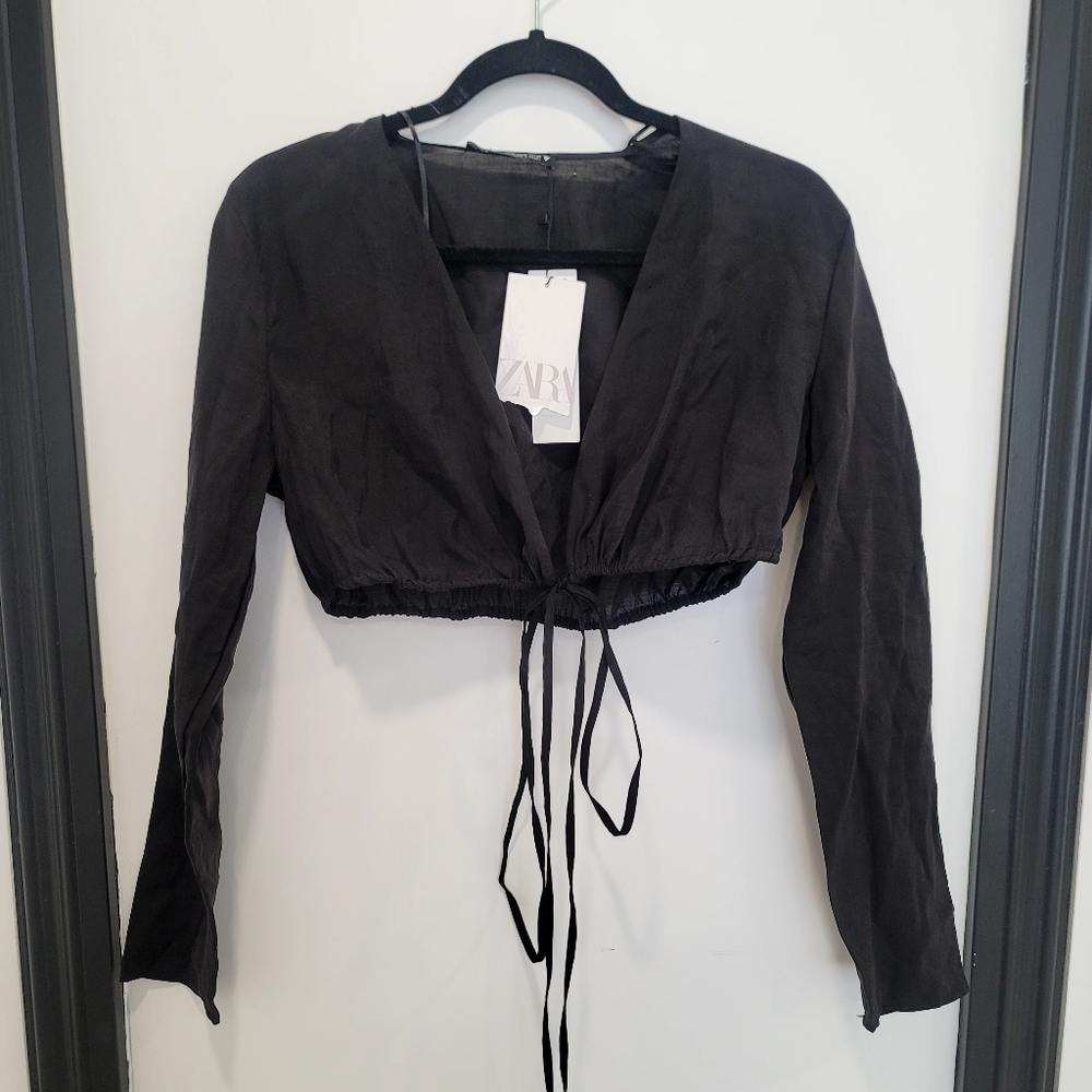 New Zara Black Wrap Crop Long Sleeve V Neck Top Size Medium